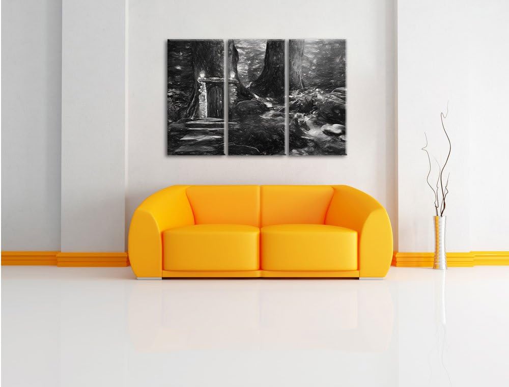 Pixxprint Geheimes Tor im Wald Kunst / 3-Teilig/Gesamtmass 120cm Leinwandbild bespannt auf Holzrahme