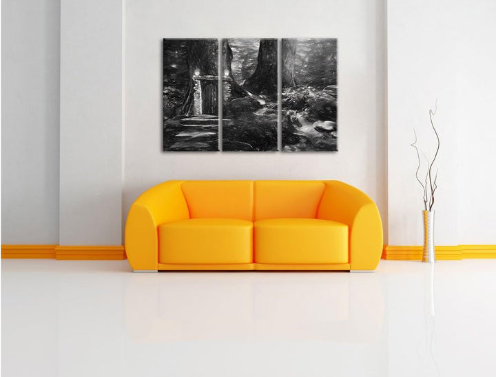 Pixxprint Geheimes Tor im Wald Kunst / 3-Teilig/Gesamtmass 120cm Leinwandbild bespannt auf Holzrahme