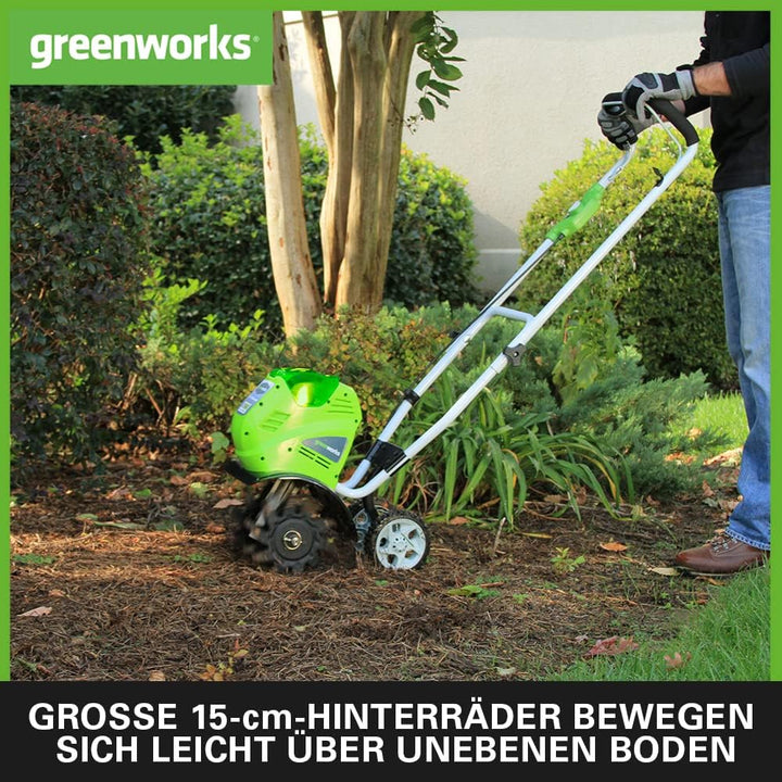 Greenworks G40TL Akku Gartenfräse, Rasenfräse mit Frontzinken, 25 cm Arbeitsbreite, 13 cm Frästiefe