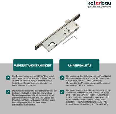 KOTARBAU® Rohrrahmenschloss 92 mm Dornmass 30 mm C-Stulp Edelstahl Einsteckschloss Türschloss Haustü