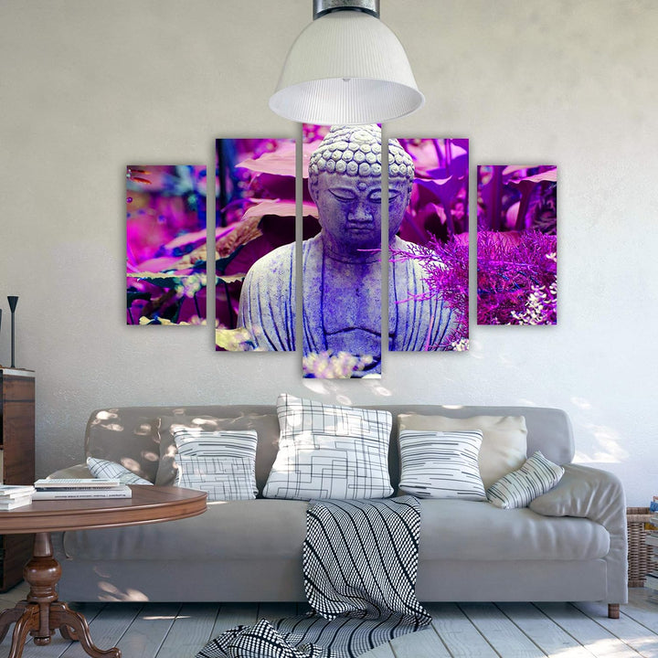 Feeby Wanddeko XXL Buddha Leinwandbild 5 Teilig Abstrakt Blätter Natur violett 100x70 cm Leinwandbil