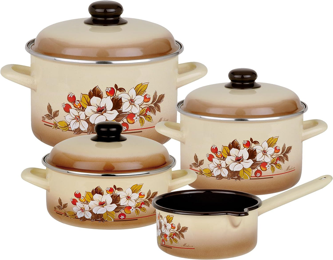 GSW 243155 Madeira Topf-Set 4-teilig, Emaille, beige mit dekor, 24 cm, 7-Einheiten