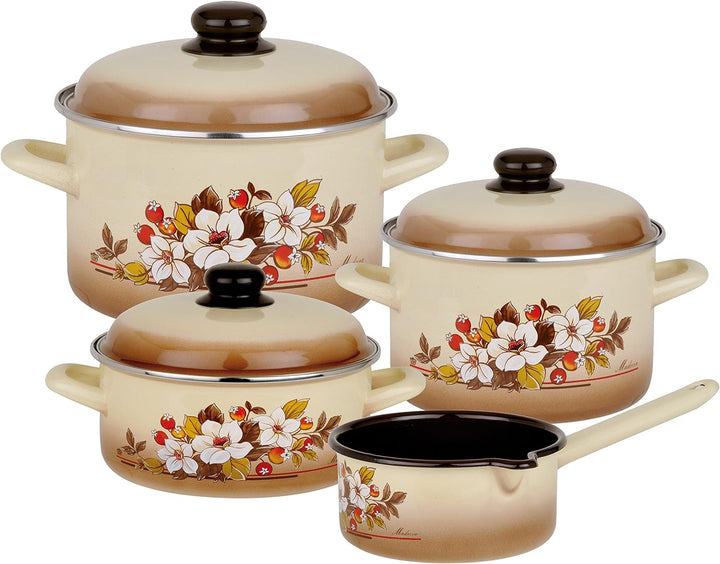 GSW 243155 Madeira Topf-Set 4-teilig, Emaille, beige mit dekor, 24 cm, 7-Einheiten