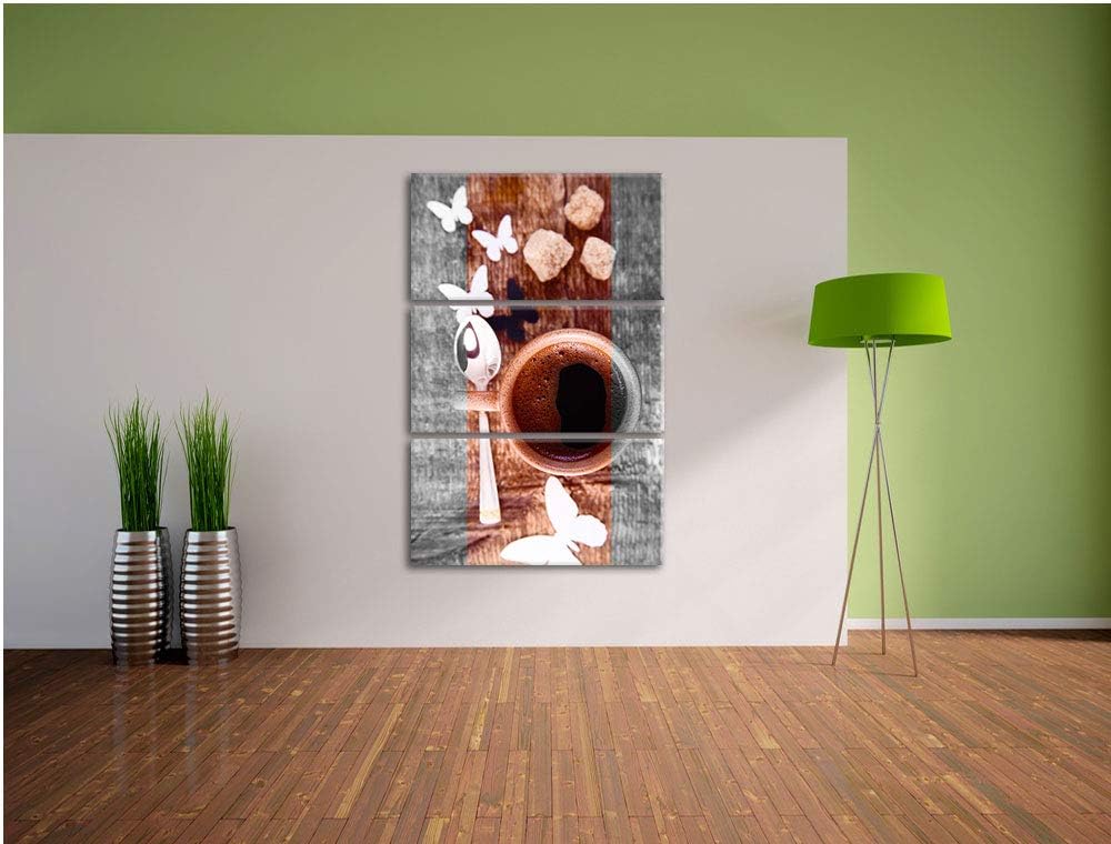 schmackhafter Kaffee mit Schmetterlingsdeko schwarz/weiss 3-Teiler Leinwandbild 120x80 Bild auf Lein