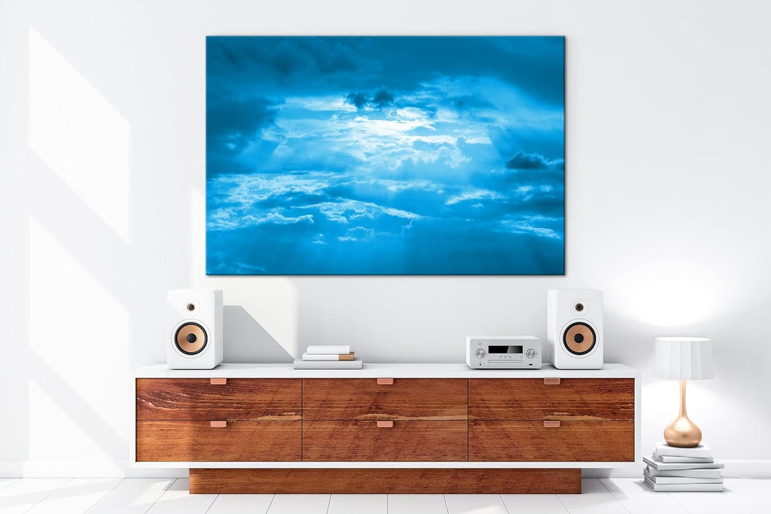 Licht bricht durch die Wolken Format 80x60 Effekt: Monocrome Blau als Leinwandbild, Motiv fertig ger