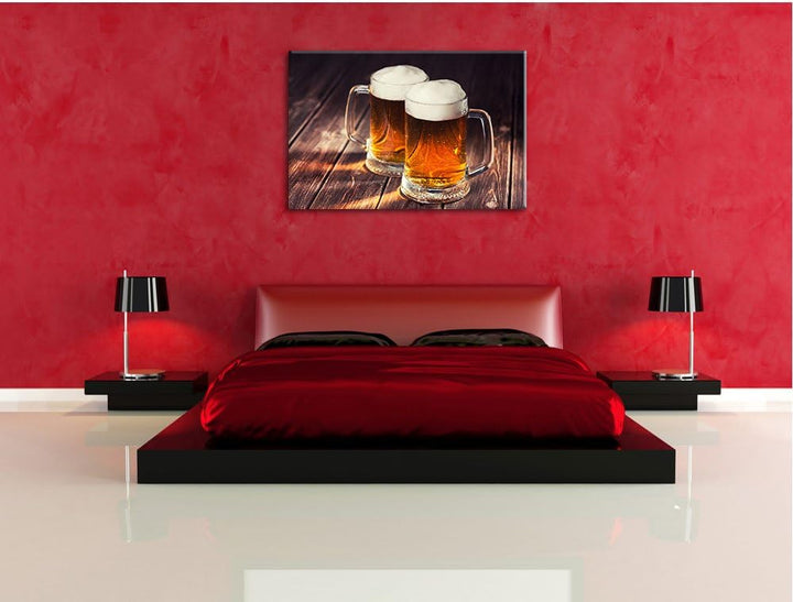Zwei Masskrüge Bier , Format: 100x70 auf Leinwand, XXL riesige Bilder fertig gerahmt mit Keilrahmen,