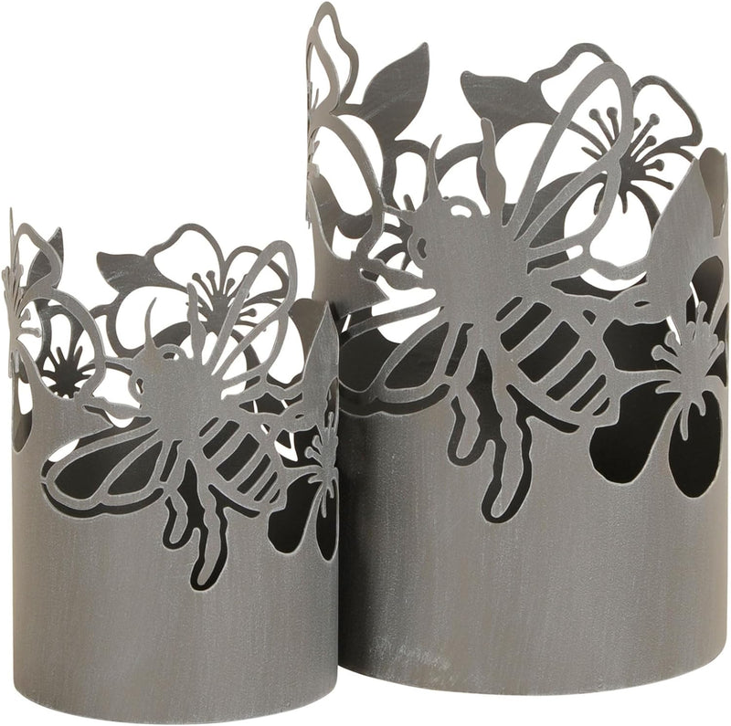 levandeo 2er Set Windlicht Blumen H18-24cm Grau Metall Laterne Gartenleuchte Biene Kerzenhalter Gart