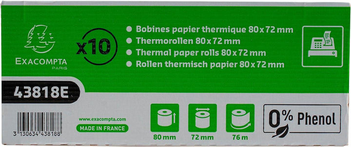 Exacompta 43818E 30er Pack Thermopapierrollen 1-lagig Breite: 80mm, Länge: 76m, Durchmesser Kern: 12