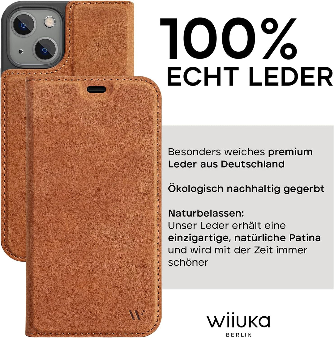 WIIUKA Hülle für iPhone 15, Leder aus Deutschland, mit Kartenfach, extra Dünn, Handyhülle mit Standf