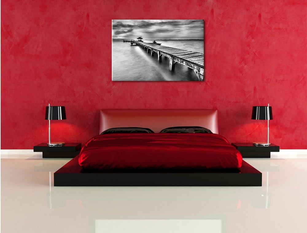 Pixxprint Monocrome, Riesiger Steg mit kleinem Pavillon, Format: 100x70 auf Leinwand, 100x70