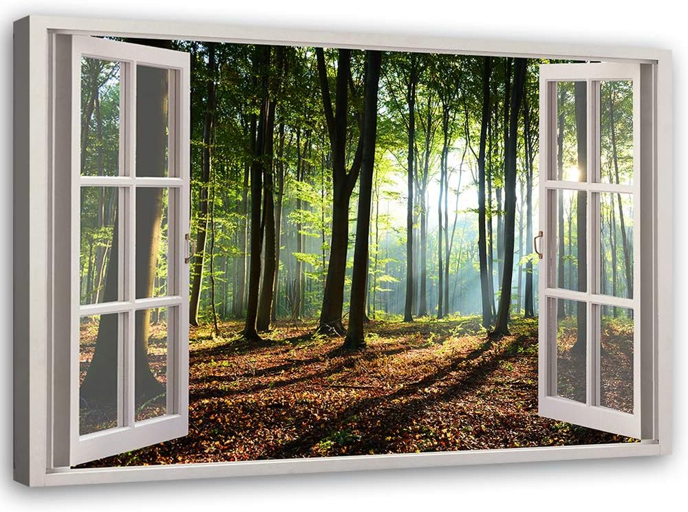 Feeby Vlies Leinwandbild Wald Natur Sonne Bäume 90x60 cm Druckbild Wandbild Wanddekoration Deko Wand