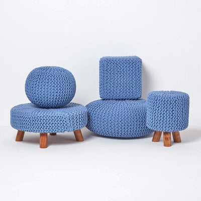 Homescapes Sitzhocker Sitzwürfel blau 35 x 35 x 35 cm, Strick Pouf, grob gestrickter Bezug aus 100%