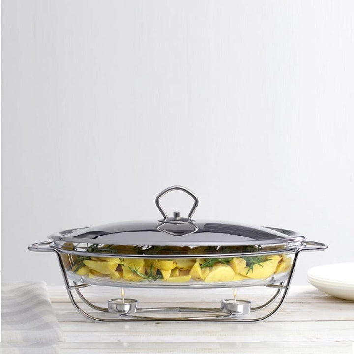 AMBITION Wärmebehälter für Speisen 3 L Glas Servierschale Warmhalteplatte Teelicht Edelstahl Gestell