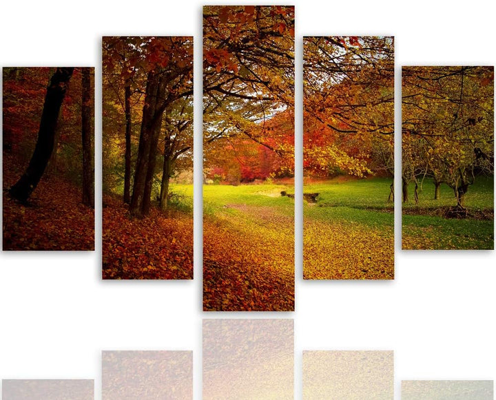 Leinwandbild 5 Teilig Landschaft Bild Wanddeko Herbst Blätter Bäume orange 150x100 cm Leinwandbild 1