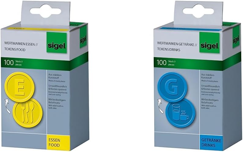 SIGEL WM002 Wertmarken Chips/Pfandmarken Essen, gelb, 100 Stück & WM007 Wertmarken Chips/Pfandmarken