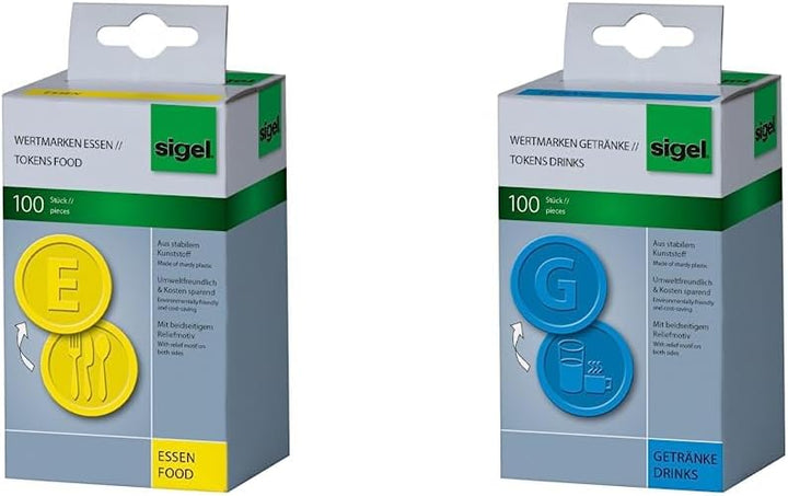 SIGEL WM002 Wertmarken Chips/Pfandmarken Essen, gelb, 100 Stück & WM007 Wertmarken Chips/Pfandmarken