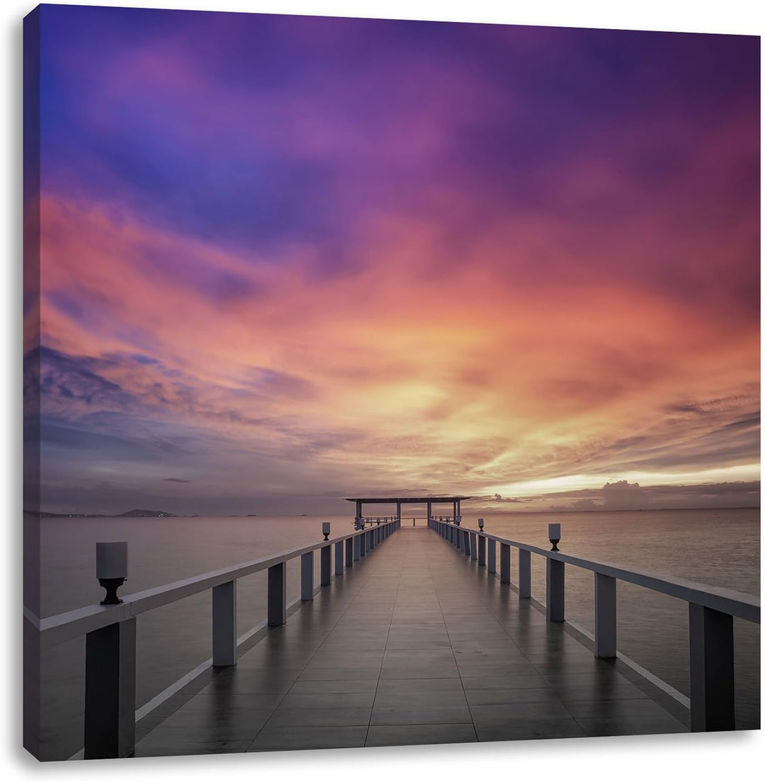 Pixxprint Endloser Steg ins Meer im Sonnenuntergang Schwarz/Weiss, Format: 70x70 auf Leinwand, 70x70