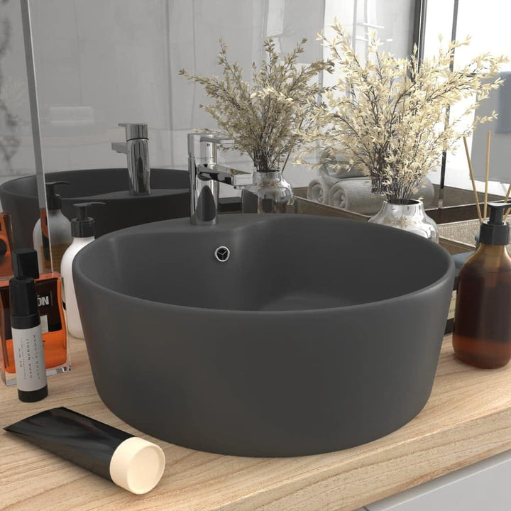 HOMIUSE Luxus-Waschbecken mit üBerlauf Matt Dunkelgrau 36x13 CM Keramik Waschbecken Waschtisch Aufsa