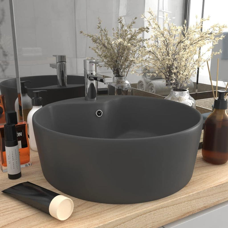HOMIUSE Luxus-Waschbecken mit üBerlauf Matt Dunkelgrau 36x13 CM Keramik Waschbecken Waschtisch Aufsa