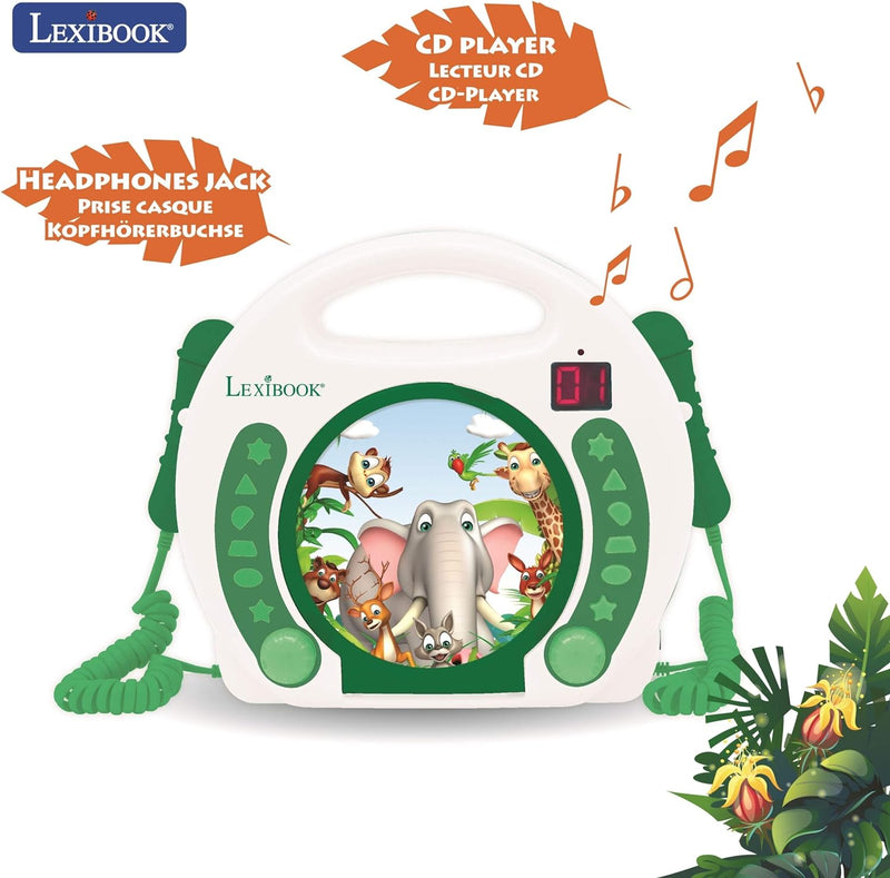 Lexibook - Tragbarer Tier-CD-Player mit Mikrofonen, Griff, Programmierung, Wiederholung, Karaoke, Ds