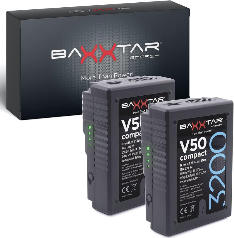 Baxxtar 2X V-Mount Akku V50 compact III (47Wh/322g) LG Cells Inside (echte 3200mAh) - mit D-Tap und