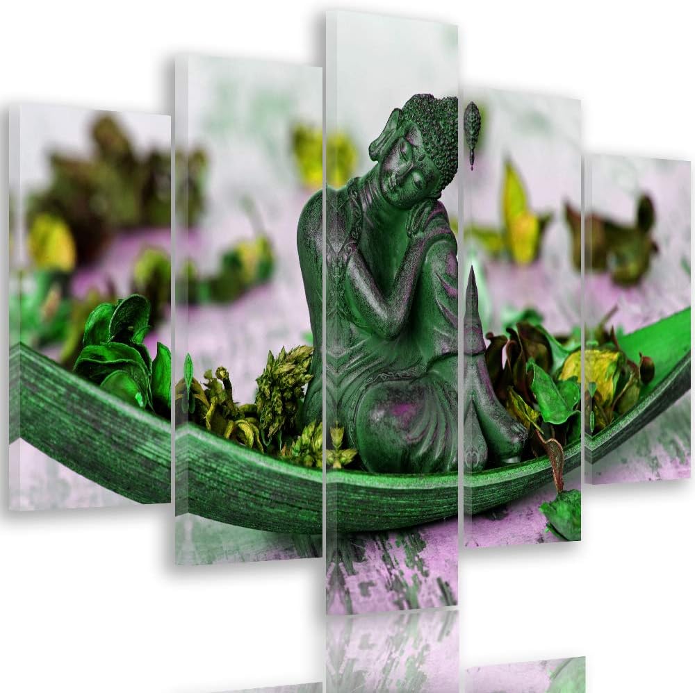 Feeby Bild auf Leinwand Buddha 5 Teilig Modern Blumen Blätter Meditation grün 150x100 cm Leinwandbil