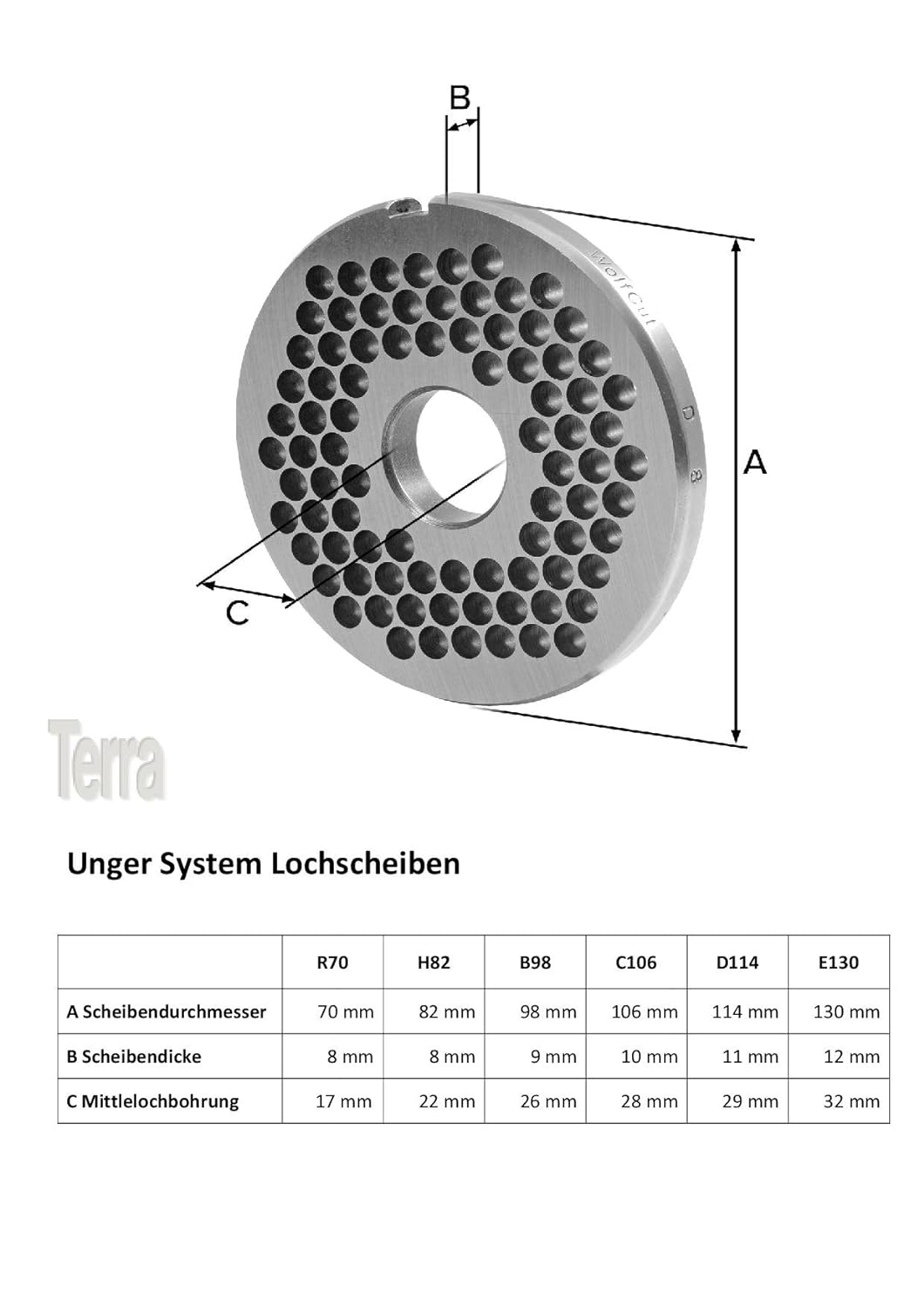 WOLFCUT R70 Fleischwolfscheibe mit 2,0 mm Bohrung Ersatz für/kompatibel mit alle gängigen Fleischwol