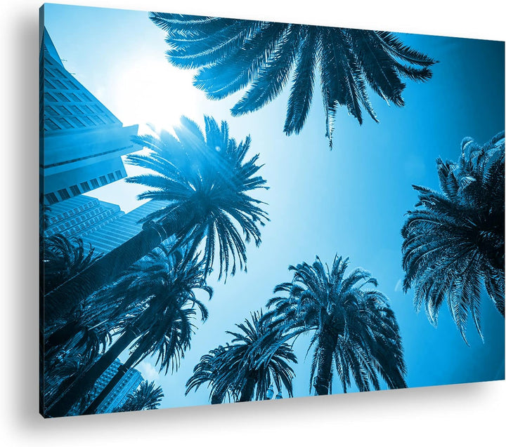 deyoli tropische Stadt mit Palmen Format: 60x40 Effekt: Monocrome Blau als Leinwand, Motiv fertig ge