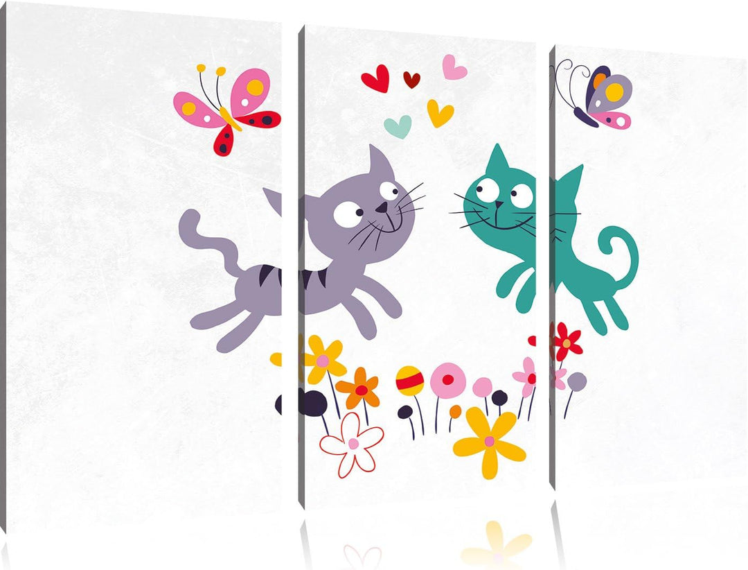 Pixxprint fröhlich und spielende Kätzchen weiss 3-Teiler Leinwandbild 120x80 Bild auf Leinwand