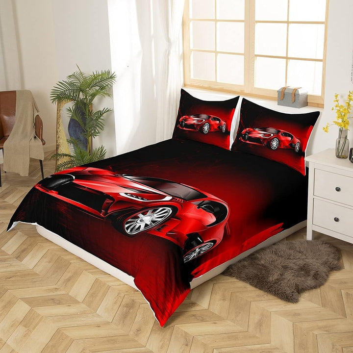 Sportwagen Drucken Bettbezug-Set Rot Rennwagen Bettwäsche Set 135x200cm Kinder Jungen Mädchen Extrem