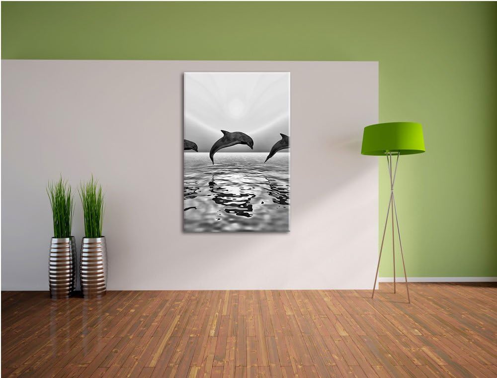 Pixxprint Monocrome, springende Delfine im Sonnenuntergang, Format: 100x70 auf Leinwand, 100x70