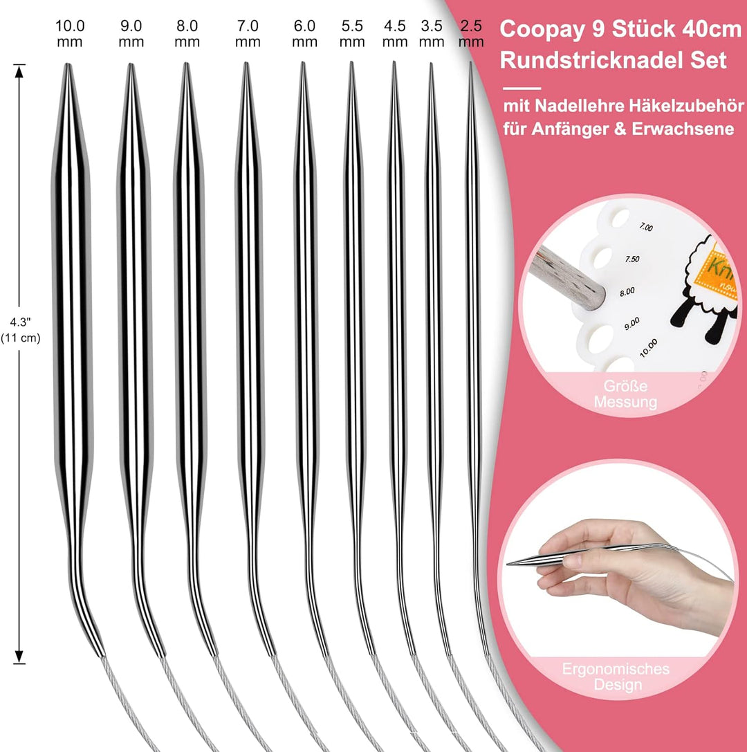 Coopay Rundstricknadeln 40 cm Edelstahl Rundstricknadel Set mit Tasche & Strickzubehör, 2,5-10 mm Me