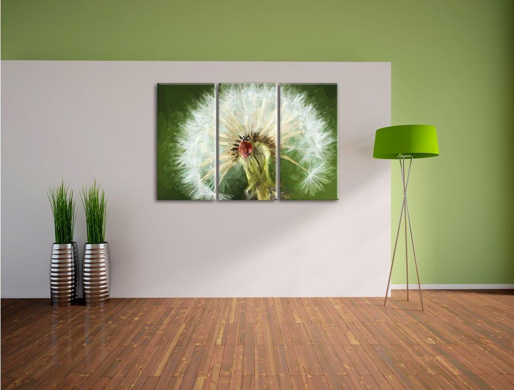 Pixxprint Marienkäfer auf Pusteblume als Leinwandbild/Grösse: 3 Teilig (120x80) cm/Wandbild/Kunstdru