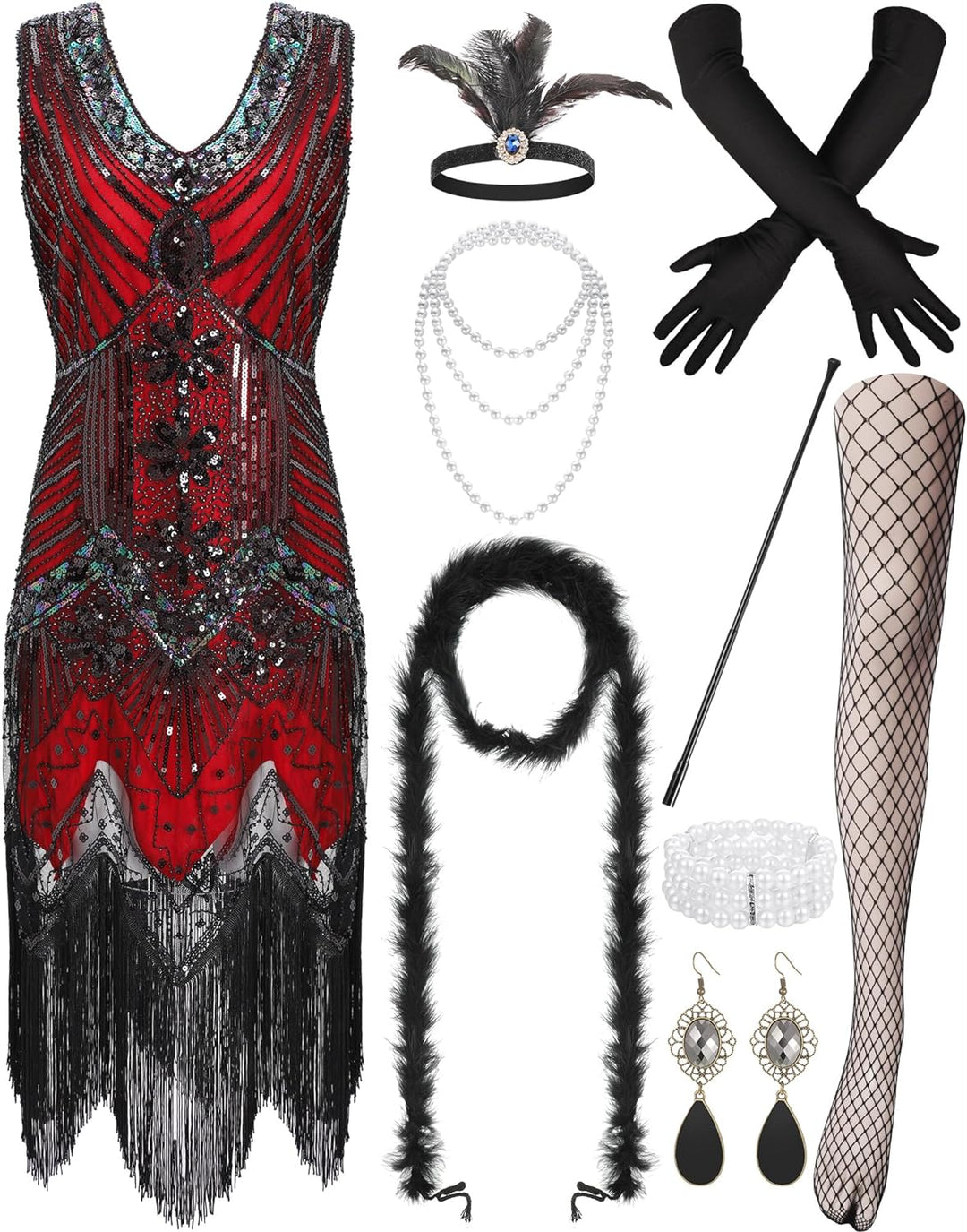 Blulu 9 Stück 1920er Jahre Damen Flapper Kleid Kostüm Set V Ausschnitt Pailletten Perlen Swing Frans