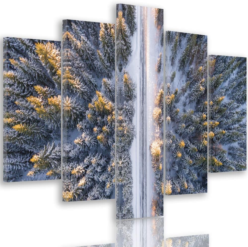 Feeby Wanddeko XXL Landschaft Leinwandbild 5 Teilig Winter Wald Bäume Weg bunt 100x70 cm Leinwandbil