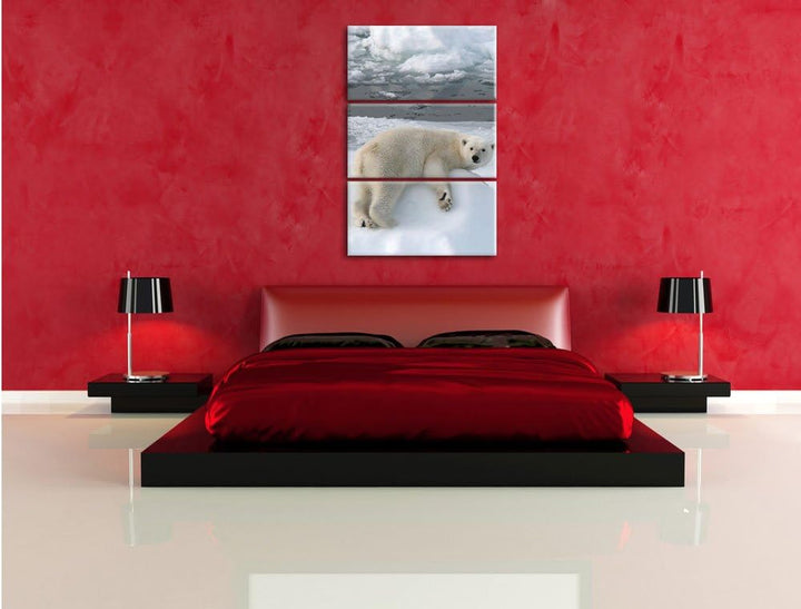 Pixxprint Eisbär auf Eisberg / 3-Teilig/Gesamtmass 120cm Leinwandbild bespannt auf Holzrahmen/Wandbi