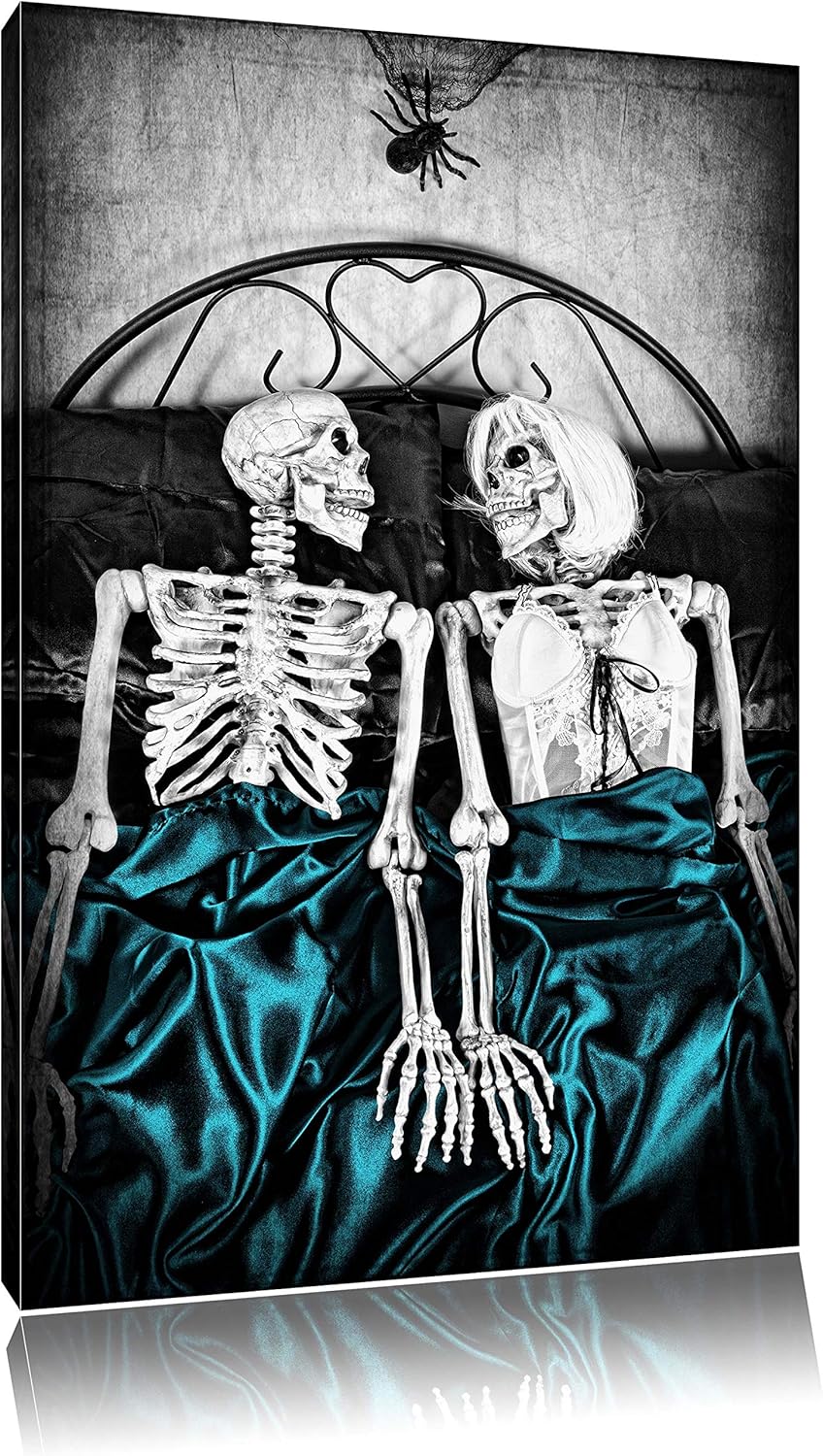 Horror Paar im heimischen Schlafzimmer schwarz/weiss Format: 100x70 auf Leinwand, XXL riesige Bilder