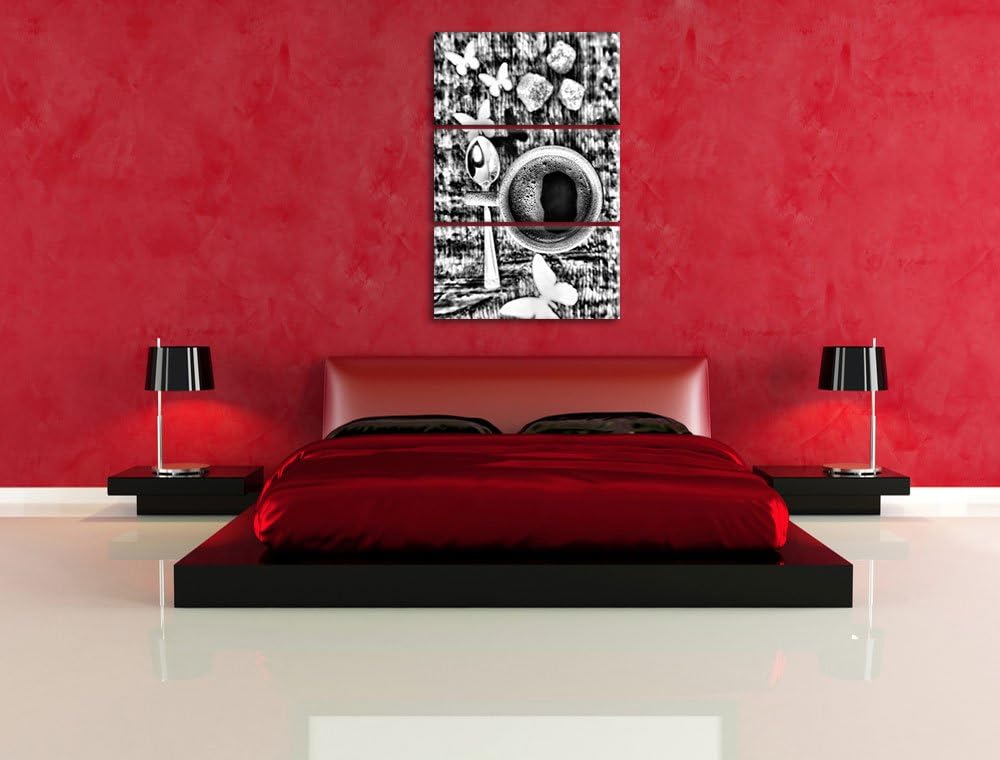 Pixxprint Monocrome, Espresso Schwarze Tasse Butterfly Schmetterling Kaffe 3-Teiler Leinwandbild 120