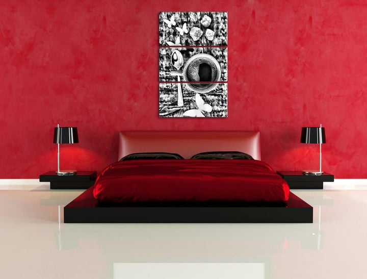 Pixxprint Monocrome, Espresso Schwarze Tasse Butterfly Schmetterling Kaffe 3-Teiler Leinwandbild 120