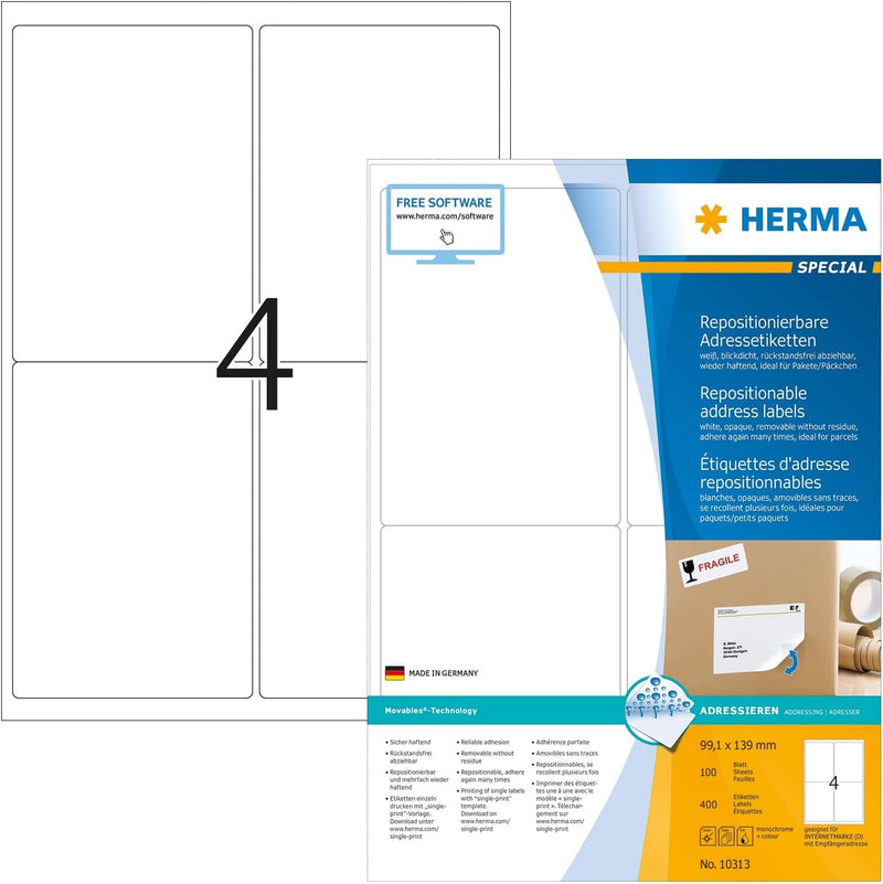 HERMA 10313 Universal Etiketten blickdicht ablösbar, 100 Blatt, 99,1 x 139 mm, 4 Stück pro A4 Bogen,