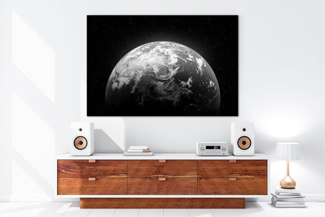 Planet Erde Format: 80x60 cm Effekt: Schwarz/Weiss als Leinwandbild, Motiv fertig gerahmt auf Echtho