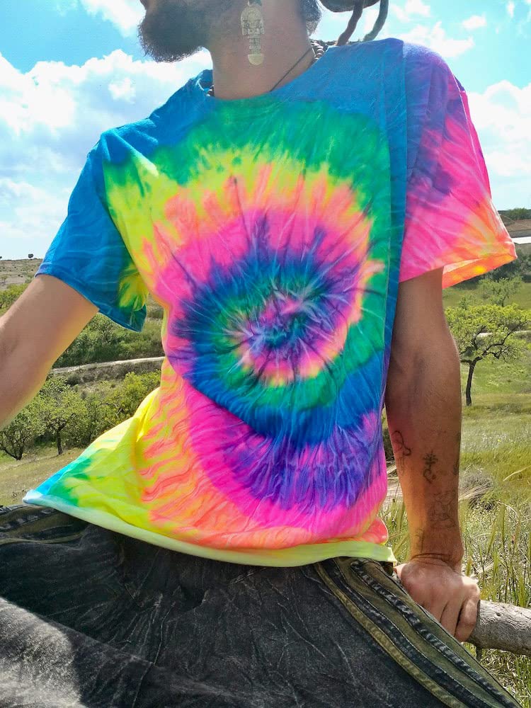 Batik T-Shirt Neon Rainbow Festival Hippie Goa Psytrance (M), M