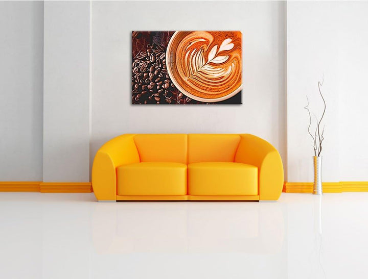 köstlicher Kaffee mit kunstvoller Schaumverzierung Format: 120x80 auf Leinwand, XXL riesige Bilder f