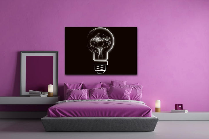 deyoli Dark interessante Glühbirne mit Love Schriftzug Format: 80x60 als Leinwandbild, Motiv fertig