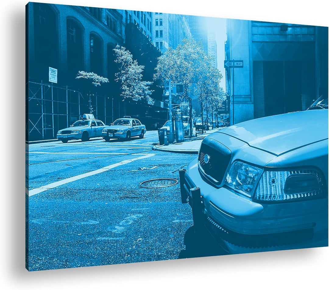 deyoli klassische Taxis in New York Format 80x60 Effekt: Monocrome Blau als Leinwandbild, Motiv fert