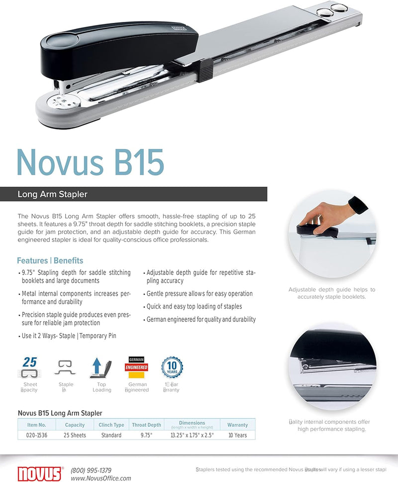 Novus B 15 Heftgerät/Langarmhefter (mit bis zu 250 mm Einlegetiefe, für 25 Blatt (80 g/m²)) lichtgra