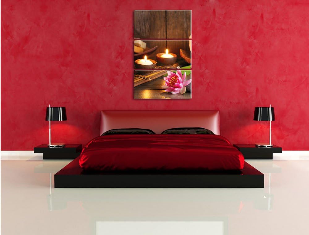 Pixxprint Kerzen mit Zen Steinen und Seerose als Leinwandbild | Grösse: 3 Teilig (120x80) | Wandbild