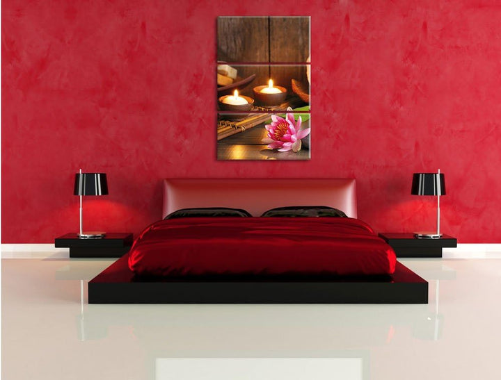 Pixxprint Kerzen mit Zen Steinen und Seerose als Leinwandbild | Grösse: 3 Teilig (120x80) | Wandbild