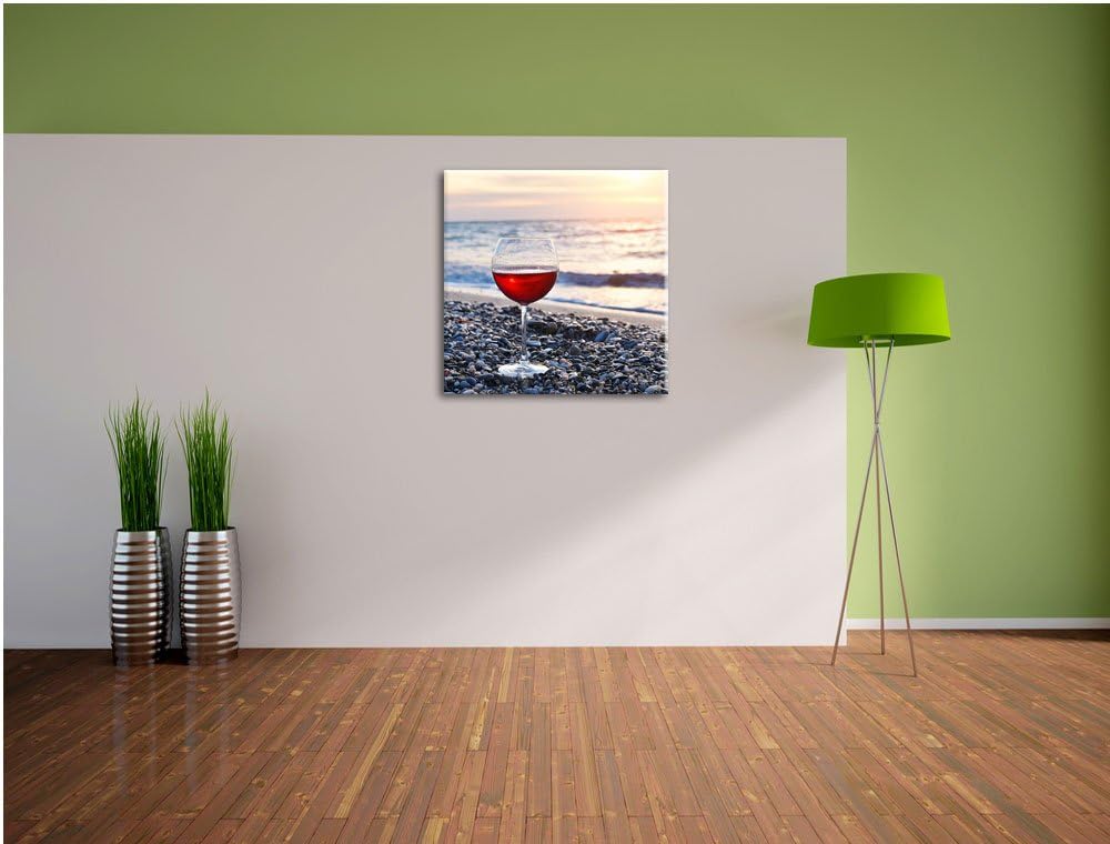 Weinglas am Steinstrand, Format: 70x70 auf Leinwand, XXL riesige Bilder fertig gerahmt mit Keilrahme