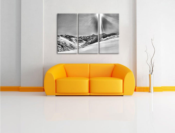 Pixxprint Monocrome, Schnee Berge 3-Teiler Leinwandbild 120x80 Bild auf Leinwand